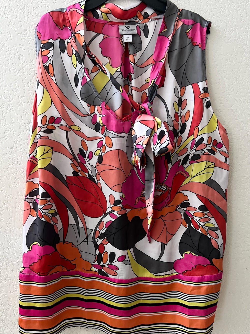 Worthington Pink & Coral Floral Tie-Neck Sleeveless Blouse 3X